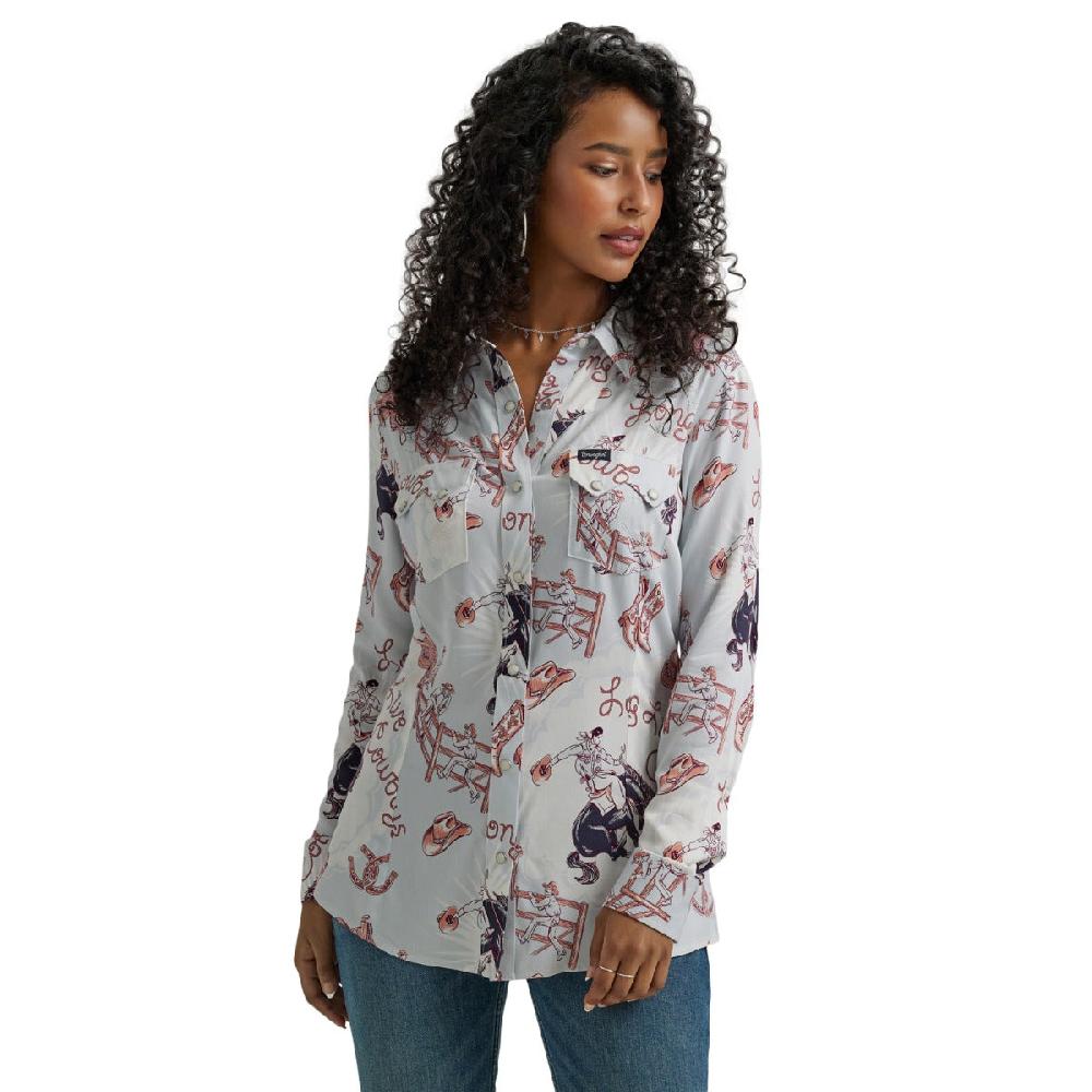 Wrangler Blue Retro Americana Women's Collared Long Sleeve Snap Rodeo Shirt 112344634
