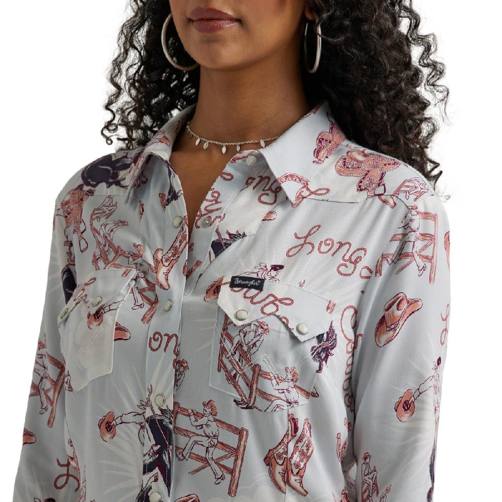 Wrangler Blue Retro Americana Women's Collared Long Sleeve Snap Rodeo Shirt 112344634