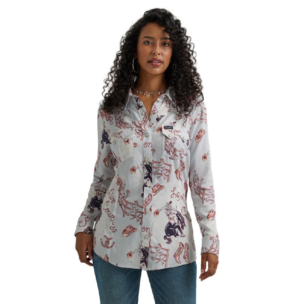 Wrangler Blue Retro Americana Women's Collared Long Sleeve Snap Rodeo Shirt 112344634