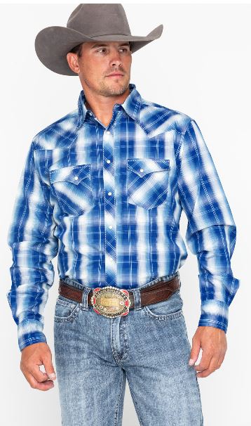 Wrangler Blue/White Fashion Snap Plaid Long Sleeve Western Mens Shirt MVG231M