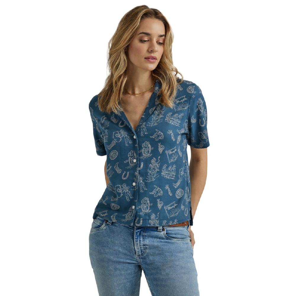 Wrangler Blue With Print Retro Women's Collared Short Sleeve Camp Shirt 112344990