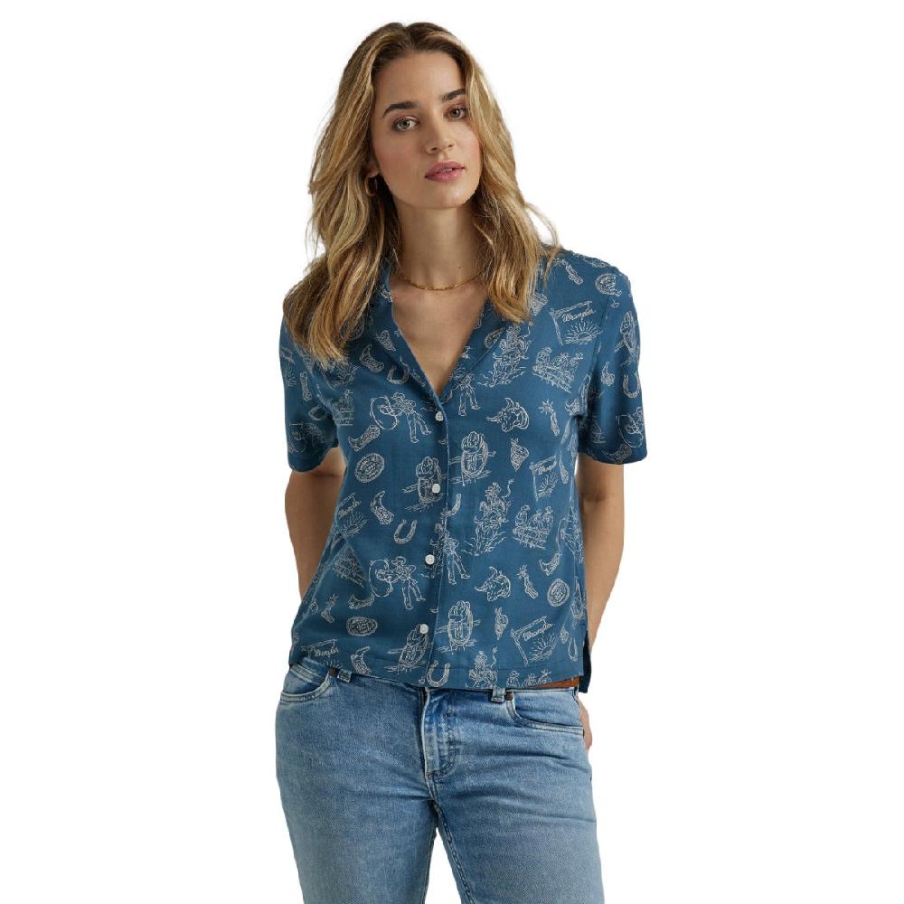 Wrangler Blue with Print Retro Women's Collared Short Sleeve Camp Shirt 112344990