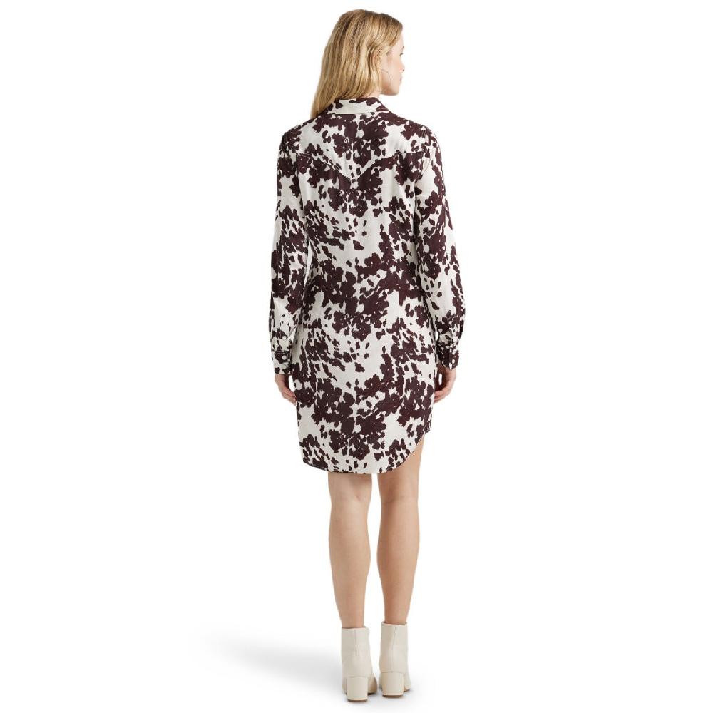 Wrangler Brown Cow Print Women's Collared Longsleeve Snap Shirt Dress 112356666