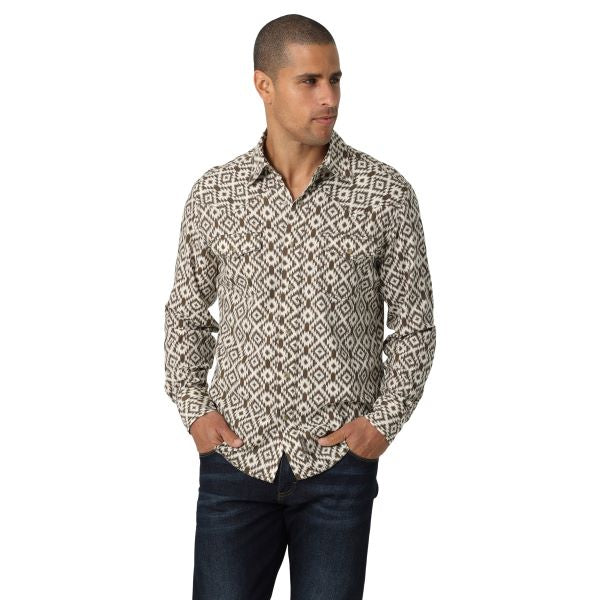 Wrangler Brown Diamonds Retro Premium Long Sleeve Linen Men's Western Snap Shirt 112327794