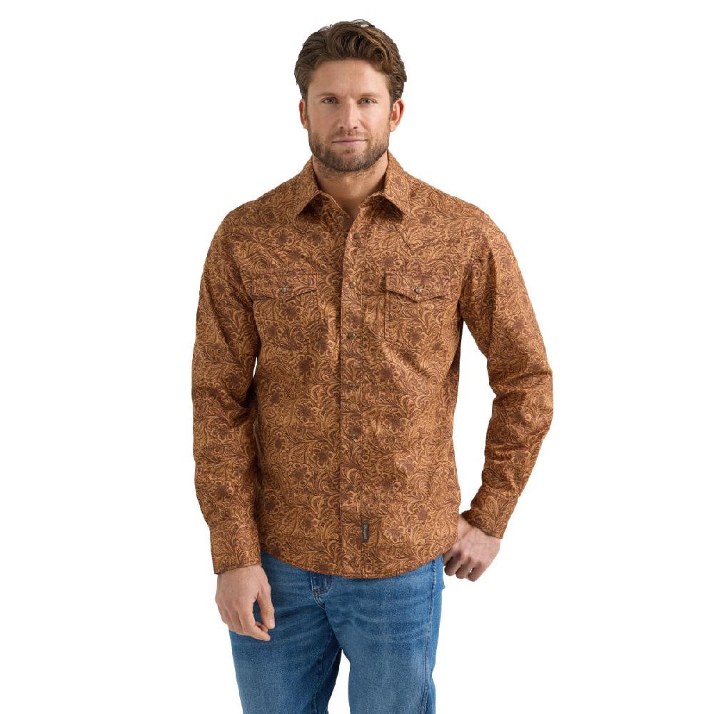 Wrangler Brown Retro Premium Men's Spread Collar Longsleeve Snap Shirt 112359914