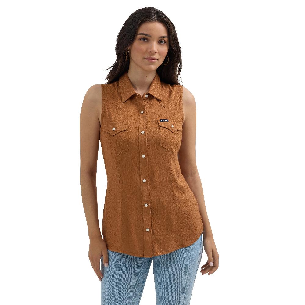 Wrangler Brown Retro Textured Slim Fit Collared Women's Western Snap Tank 112364719