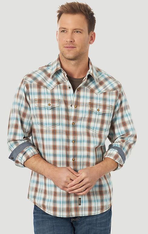 Wrangler Brown/Teal Retro Long Sleeve With Contrast Trim Men's Western Plaid Snap Shirt MVR595Q
