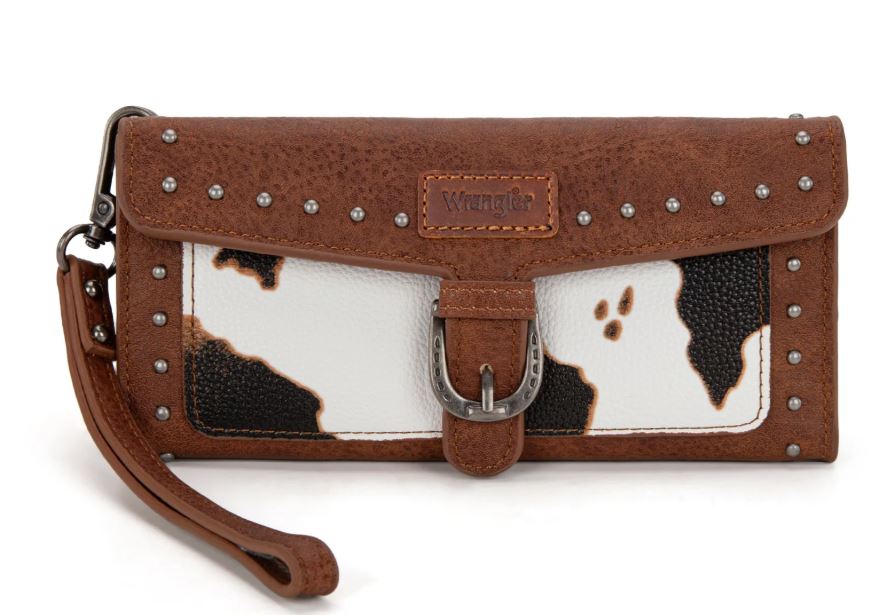 Wrangler Brown Western Cow-Print Tri-fold RFID Wallet/Wristlet with Detachable Credit Card Holder WG195-W054BR