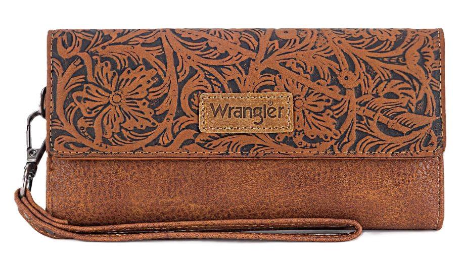 Wrangler Brown Western Floral Tooled Tri-fold RFID Wallet/Wristlet WG196-W056BR