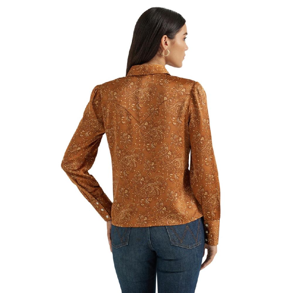 Wrangler Brown With Paisley Print Satin Women's Rodeo Blouse 112356672