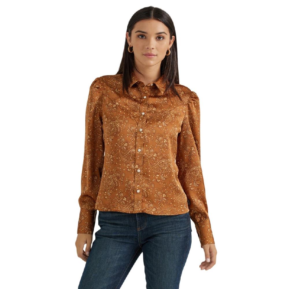 Wrangler Brown with Paisley Print Satin Women's Rodeo Blouse 112356672