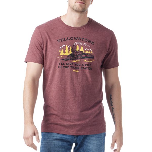 Wrangler Burgundy Heather Yellowstone Mens Short Sleeve Train Station Tee 112328223