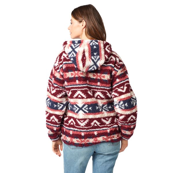 Wrangler Burgundy Multi Retro Americana Womens 1/4 Zip Aztec Hooded Sherpa Top 112321245
