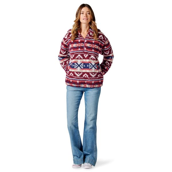 Wrangler Burgundy Multi Retro Americana Womens 1/4 Zip Aztec Hooded Sherpa Top 112321245