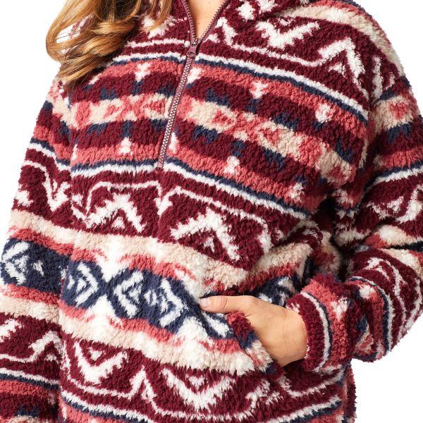 Wrangler Burgundy Multi Retro Americana Womens 1/4 Zip Aztec Hooded Sherpa Top 112321245