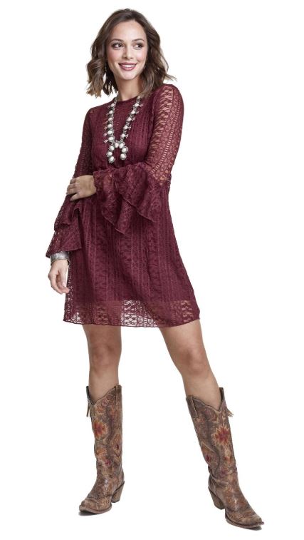 Wrangler Burgundy Womens Long Sleeve Western Fashion Dress LWD892N