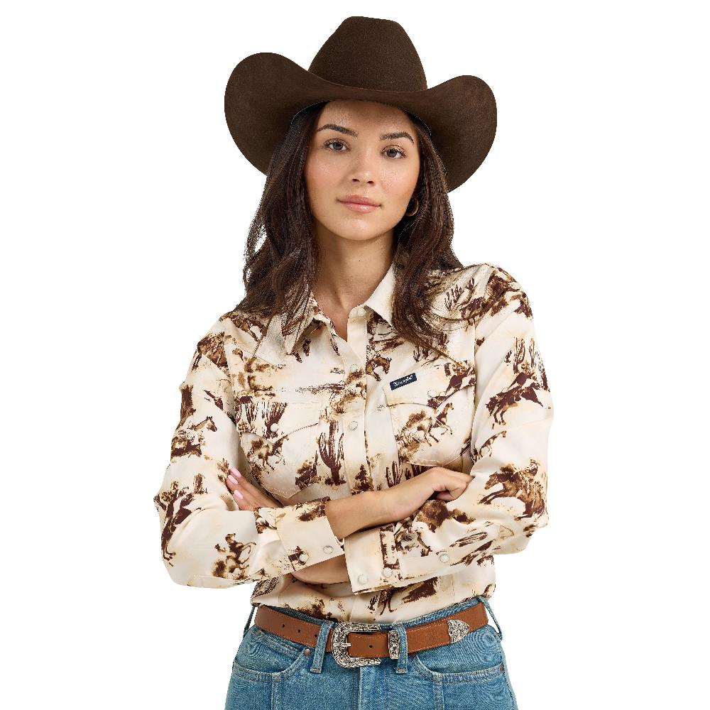 Wrangler Cacti/Cream Bold Bucking Cowboy Weomen's Collared Western Snap Shirt 112367229