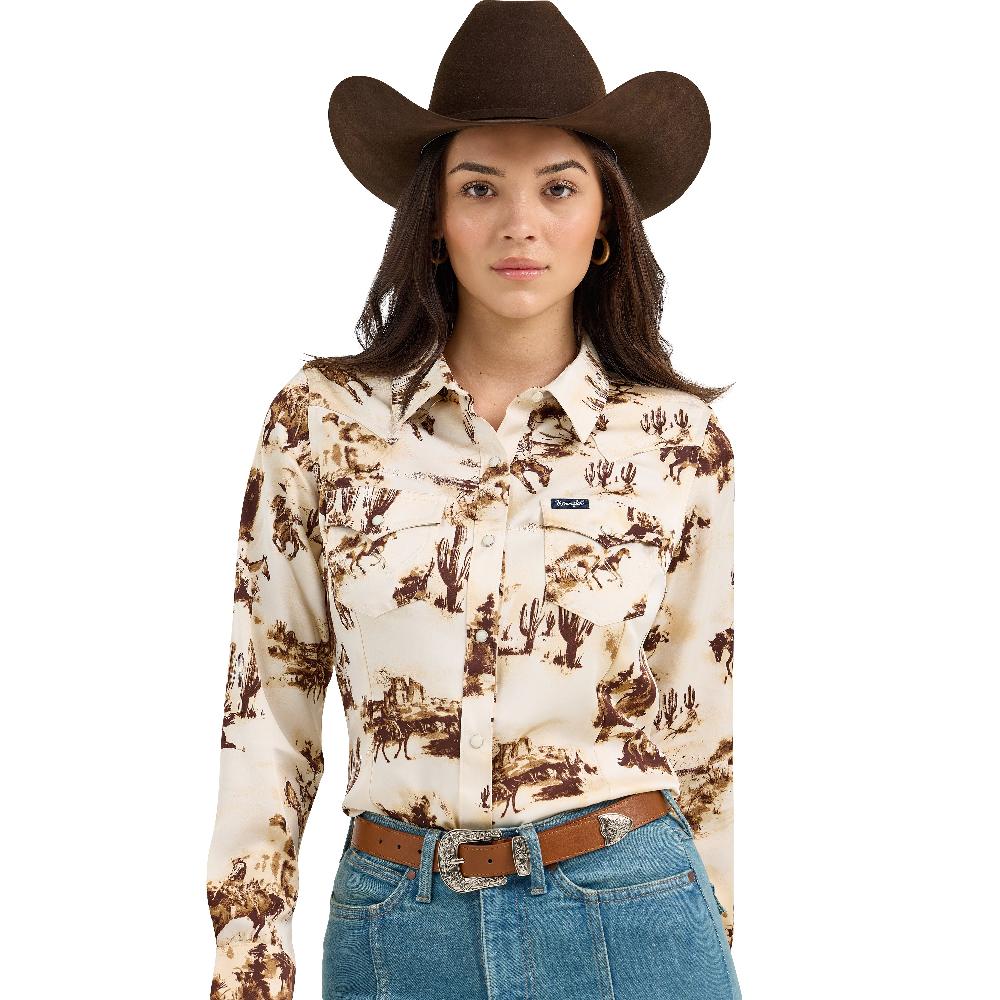 Wrangler Cacti/Cream Bold Bucking Cowboy Weomen's Collared Western Snap Shirt 112367229