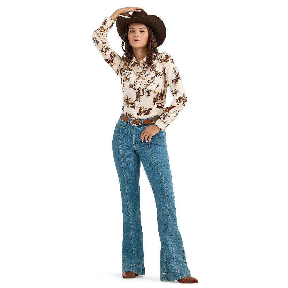 Wrangler Cacti/Cream Bold Bucking Cowboy Weomen's Collared Western Snap Shirt 112367229