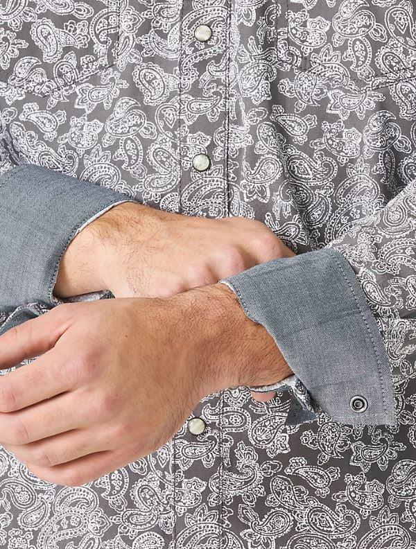 Wrangler Charcoal Grey Retro Long Sleeve Men's Western Snap Printed Long Sleeve Shirt MVR593M
