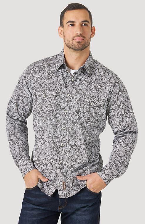 Wrangler Charcoal Grey Retro Long Sleeve Men's Western Snap Printed Long Sleeve Shirt MVR593M