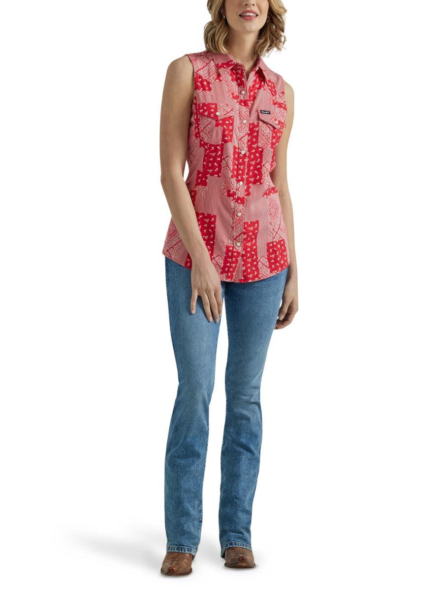 Wrangler Cherry Red Retro Sleveless Print Women's Collared Western Snap Shirt 112347143