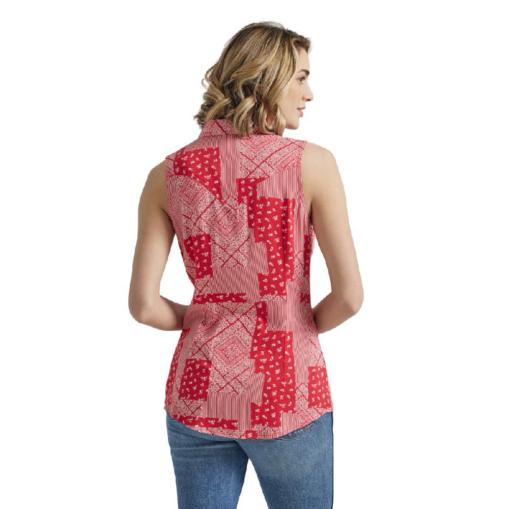 Wrangler Cherry Red Retro Sleveless Print Women's Collared Western Snap Shirt 112347143