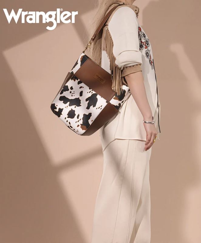 Wrangler Cow-Brown Cow Print Crossbody Bucket Bag WG67-9182COW-BR