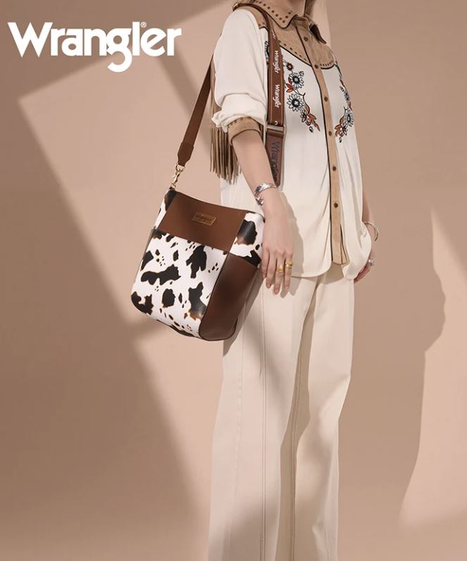 Wrangler Cow-Brown Cow Print Crossbody Bucket Bag WG67-9182COW-BR