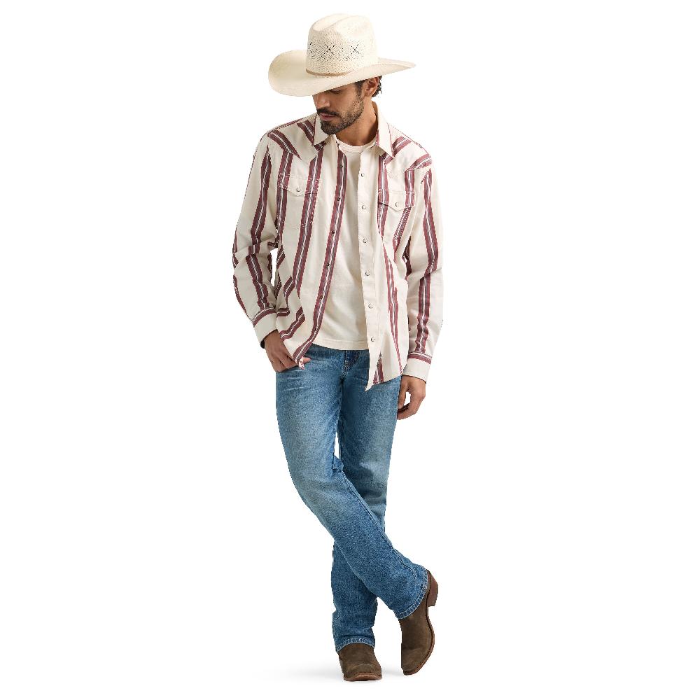 Wrangler Cream/Red Retro Premium Brushpopper Stripe Men's Slim Fit Spread Collar Longsleeve Snap Shirt 112359922