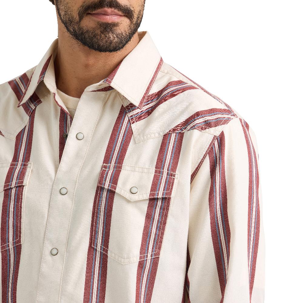 Wrangler Cream/Red Retro Premium Brushpopper Stripe Men's Slim Fit Spread Collar Longsleeve Snap Shirt 112359922