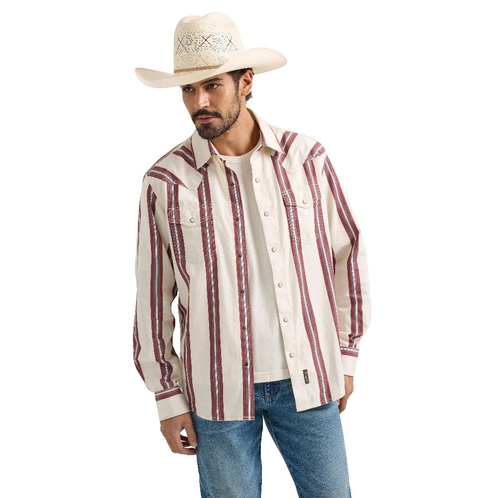 Wrangler Cream/Red Retro Premium Brushpopper Stripe Men's Slim Fit Spread Collar Longsleeve Snap Shirt 112359922