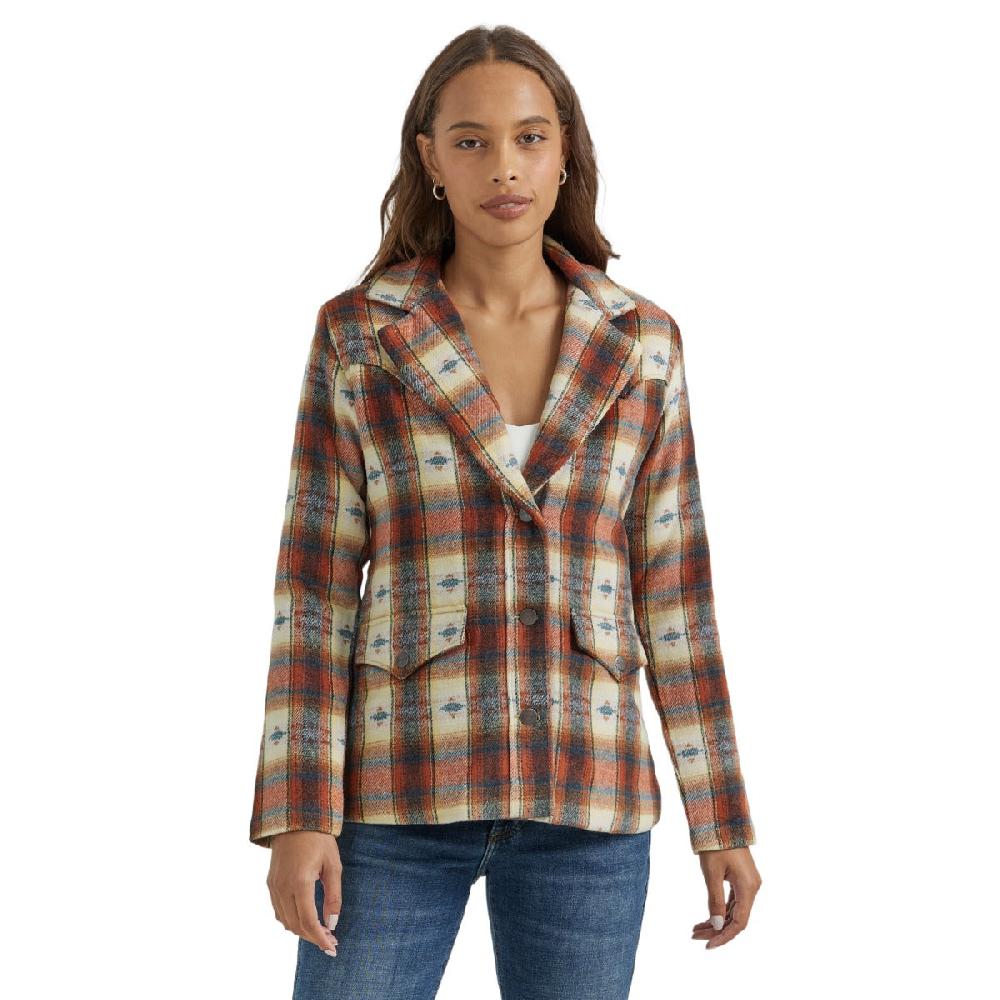 Wrangler Creamy Red Plaid With Western Print Women's Blazer Coat With Spread Collar 112353149