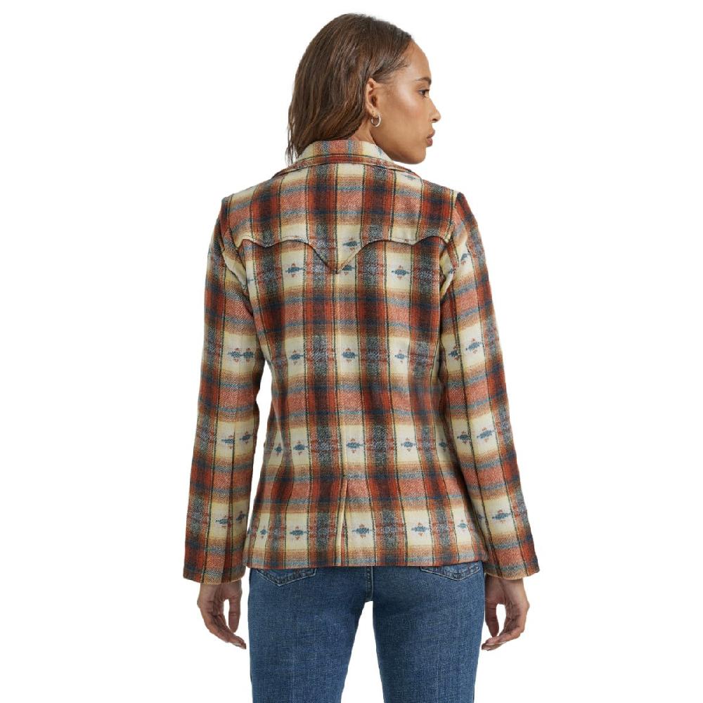Wrangler Creamy Red Plaid With Western Print Women's Blazer Coat With Spread Collar 112353149