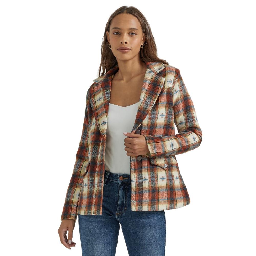 Wrangler Creamy Red Plaid with Western Print Women's Blazer Coat with Spread Collar 112353149