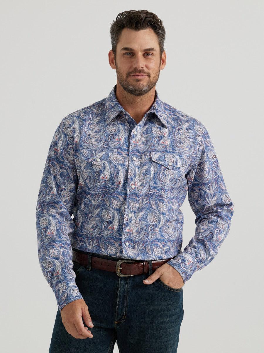 Wrangler Damask Blue 20X Competition Advanced Comfort Men's Collared Long Sleeve Two Pocket Western Snap Shirt 112346039