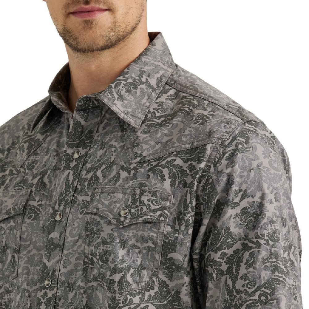 Wrangler Damask Grey Retro Premium Men's Collared Longsleeve Western Snap Shirt 112356589