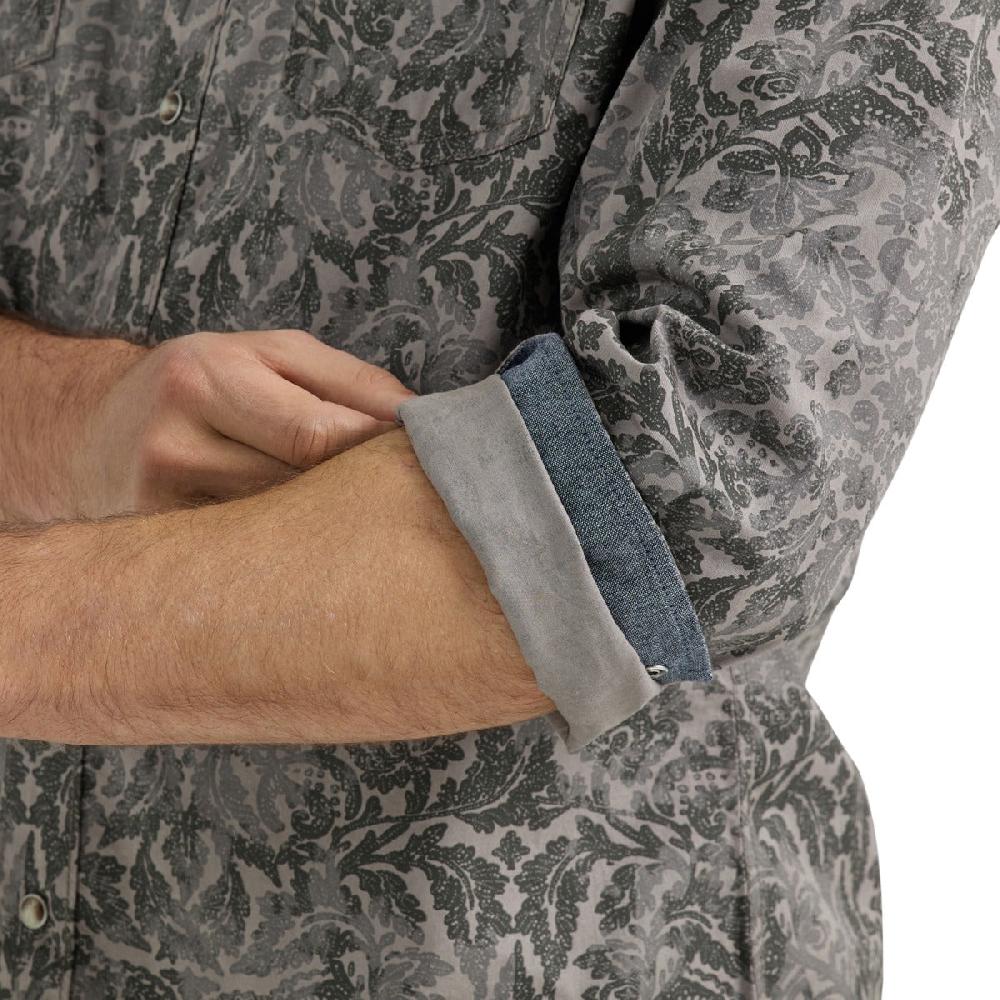 Wrangler Damask Grey Retro Premium Men's Collared Longsleeve Western Snap Shirt 112356589