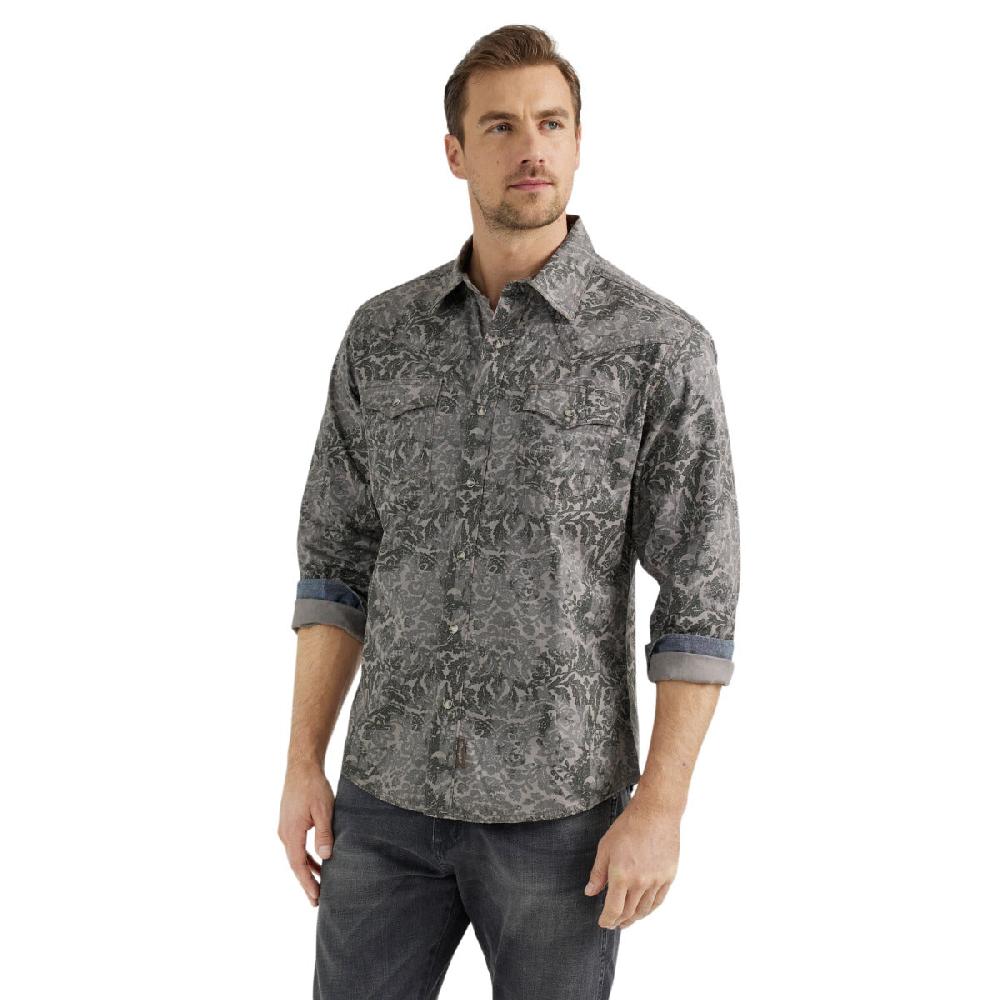 Wrangler Damask Grey Retro Premium Men's Collared Longsleeve Western Snap Shirt 112356589