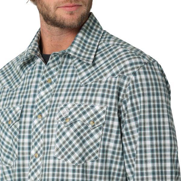 Wrangler Dark Green Retro Long Sleeve Sawtooth Snap Pocket Plaid Men's Snap Western Shirt 112324675