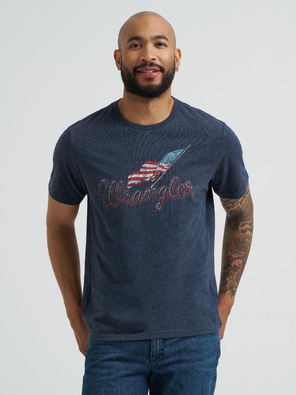 Wrangler Dark Sapphire Heather Men's Wrangler Logo With Flag Short Sleeve Graphic T-Shirt 112365659