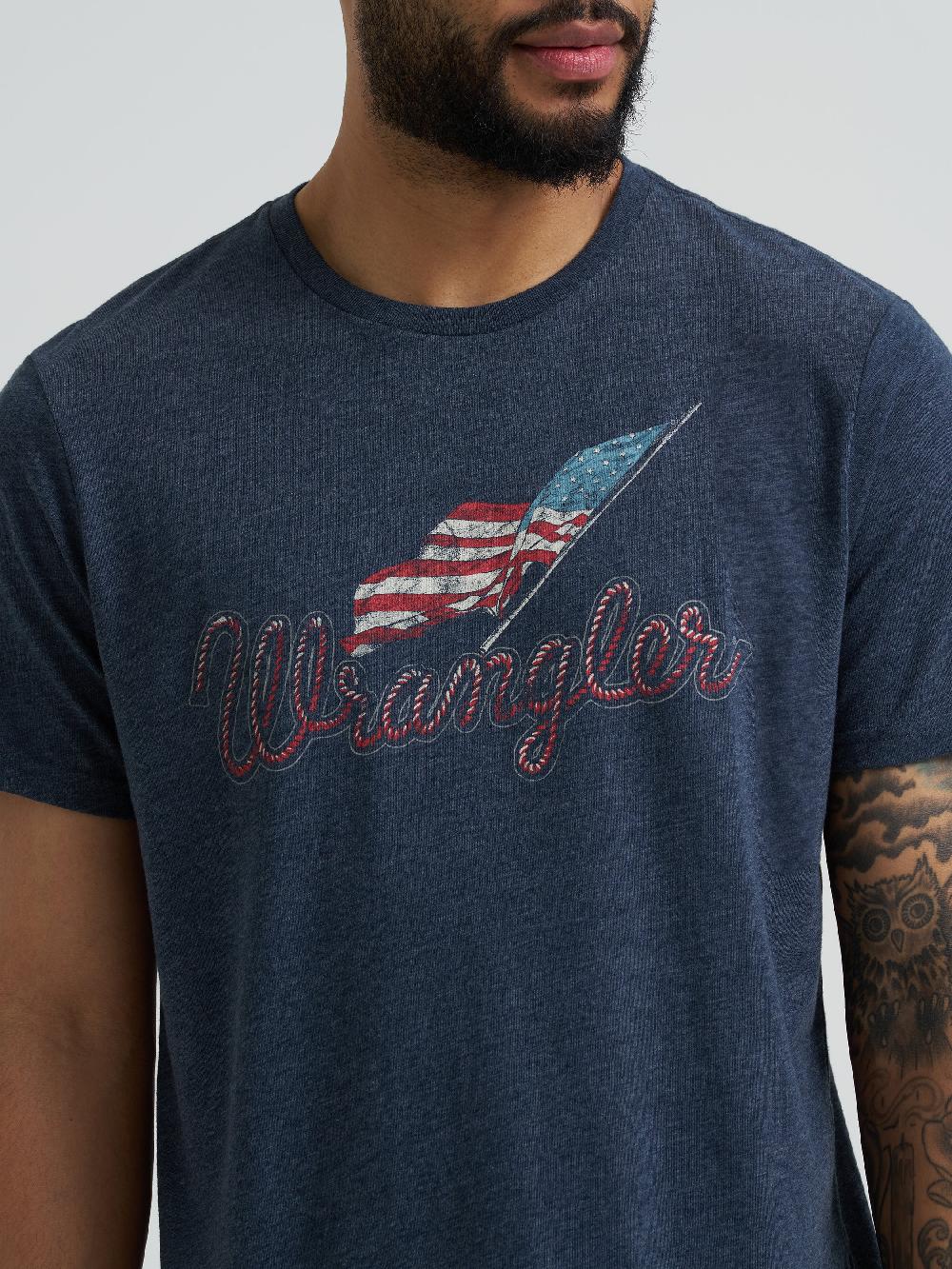 Wrangler Dark Sapphire Heather Men's Wrangler Logo With Flag Short Sleeve Graphic T-Shirt 112365659