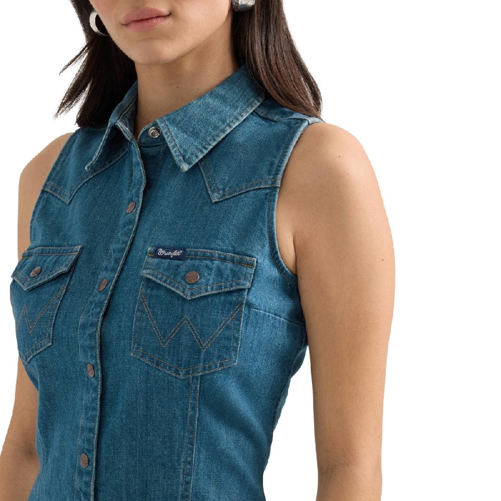 Wrangler Dark Wash Denim Women's Collared Sleeveless Snap Shirt Dress 112360791