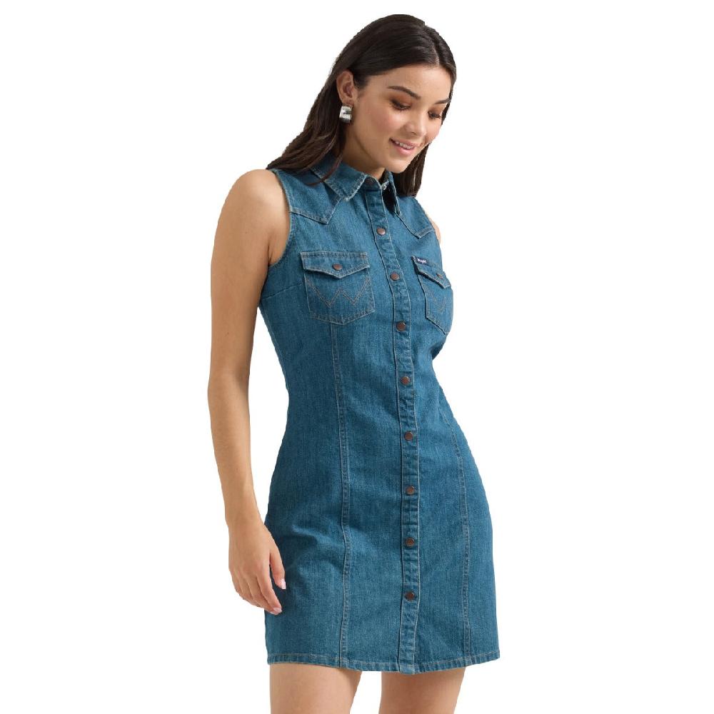 Wrangler Dark Wash Denim Women's Collared Sleeveless Snap Shirt Dress 112360791