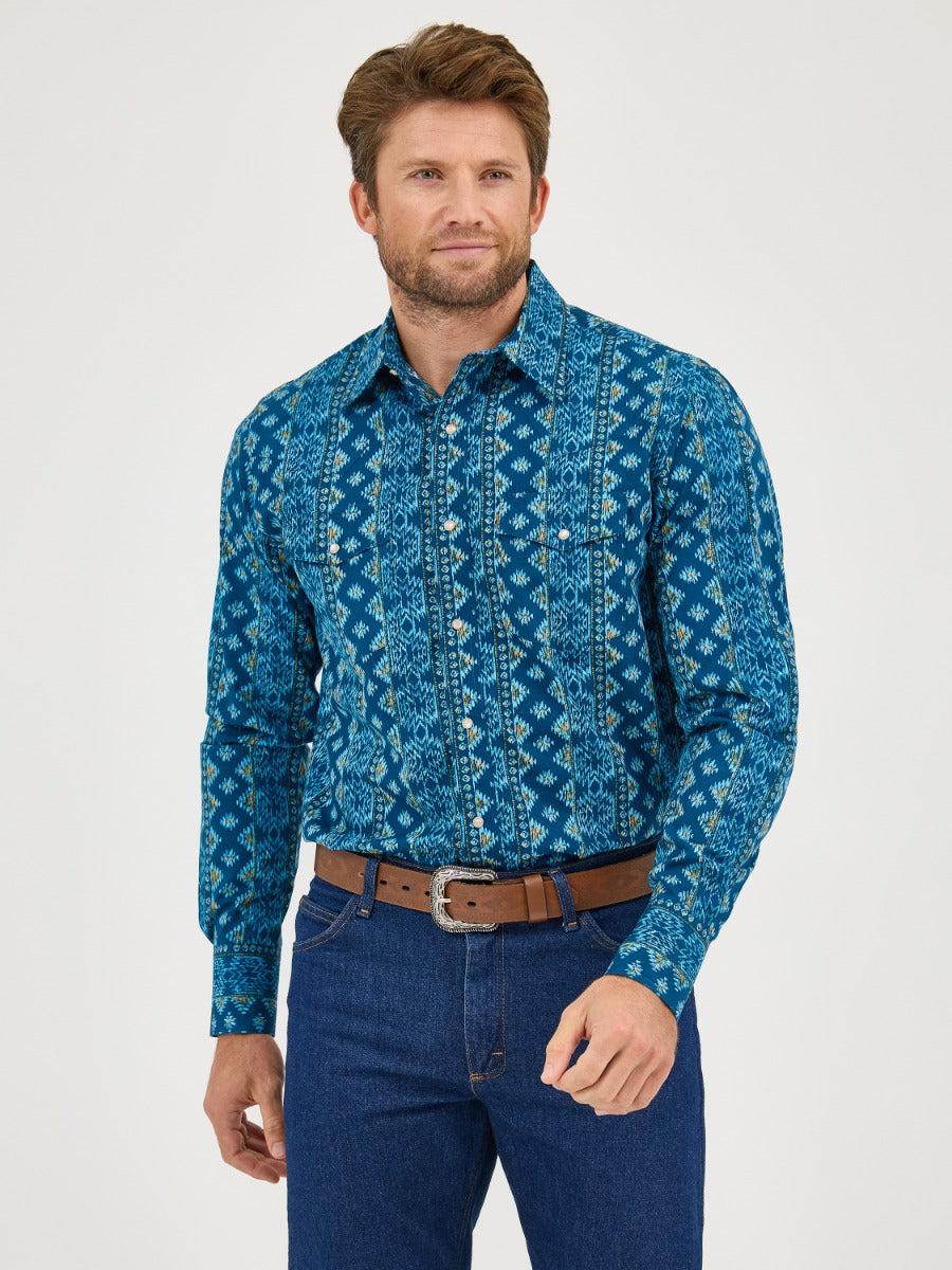 Wrangler Deep Lake Print Checotah Men's Spread Collar Longsleeve Snap Shirt 112359440