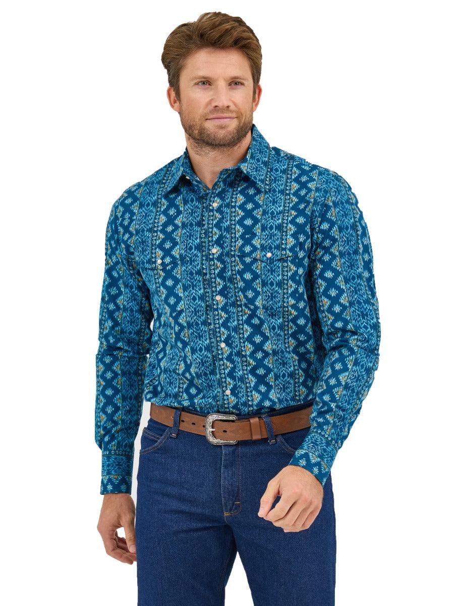 Wrangler Deep Lake Print Checotah Men's Spread Collar Longsleeve Snap Shirt 112359440