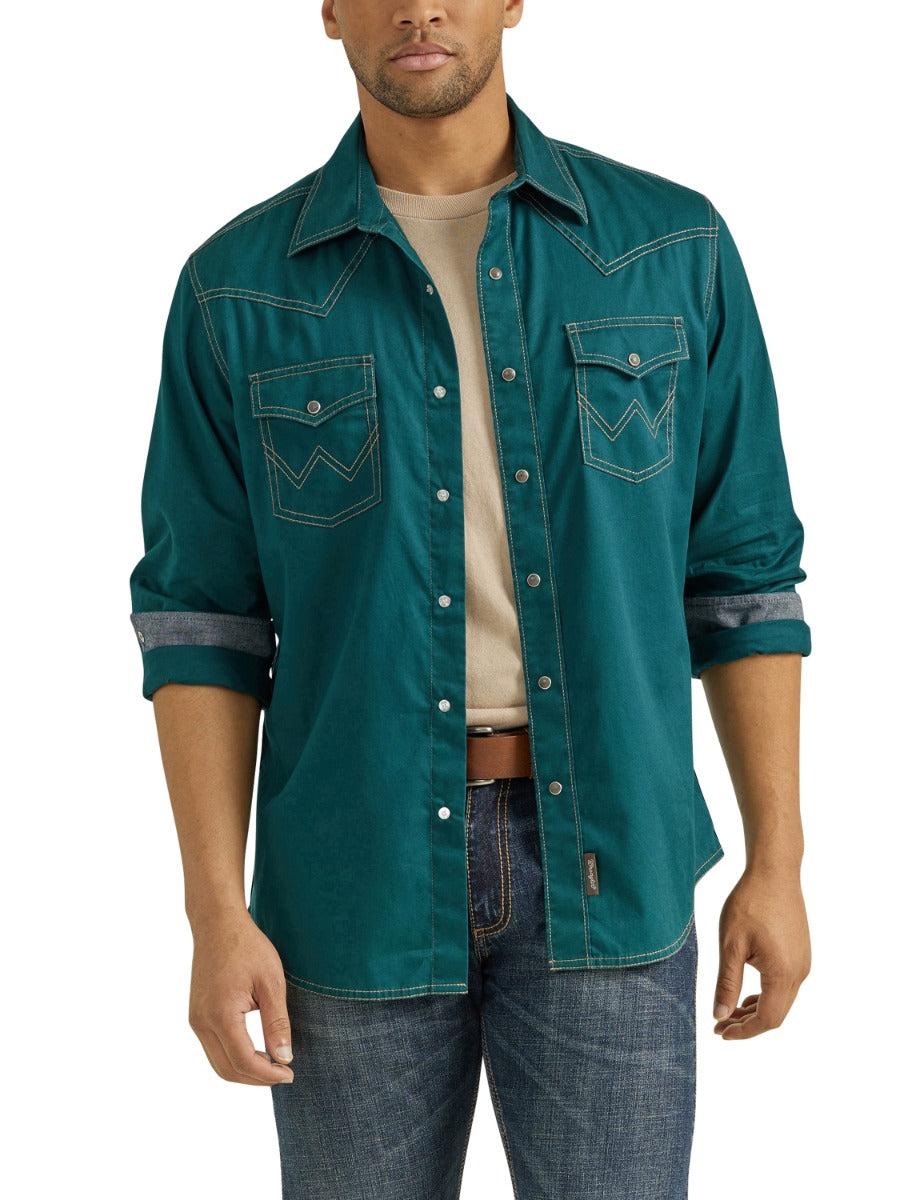 Wrangler Deep Teal Retro Premium Men's Longsleeve Collared Snap Shirt 112352851