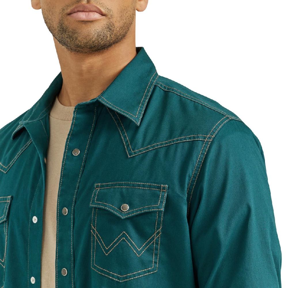 Wrangler Deep Teal Retro Premium Men's Longsleeve Collared Snap Shirt 112352851