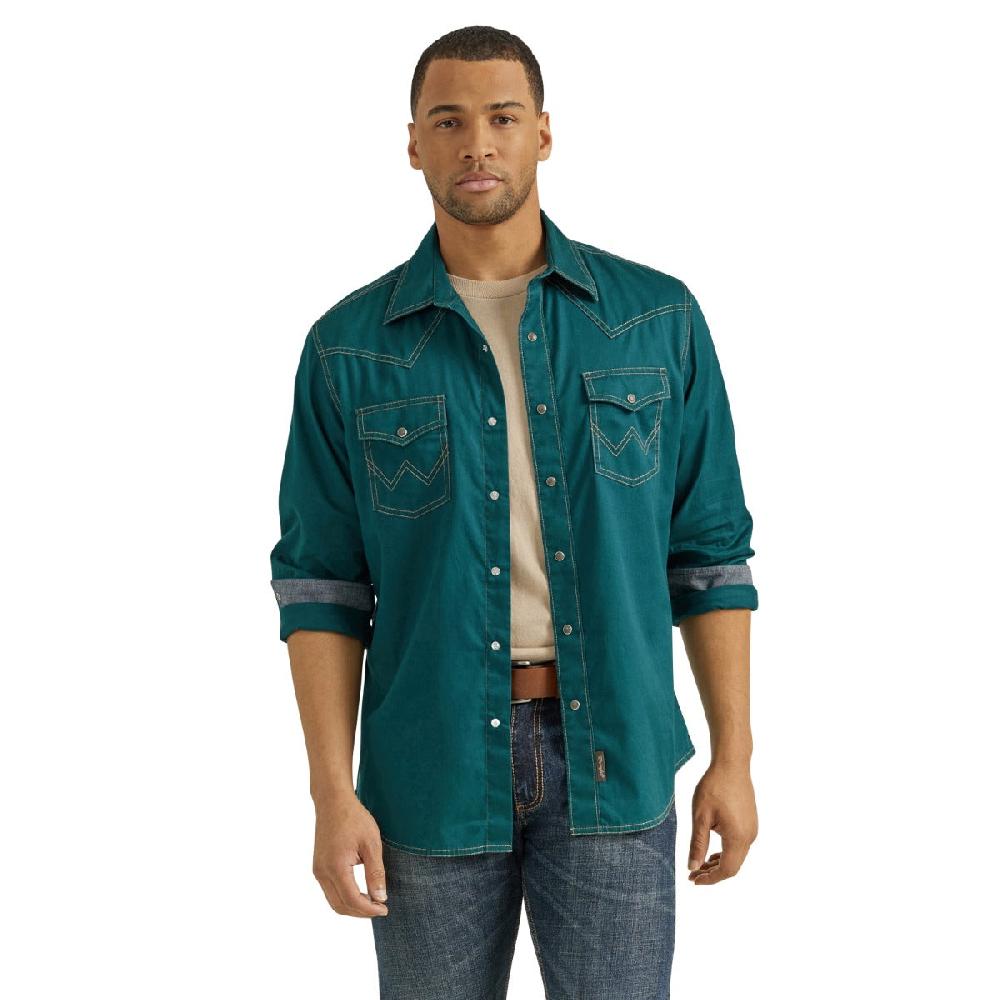 Wrangler Deep Teal Retro Premium Men's Longsleeve Collared Snap Shirt 112352851