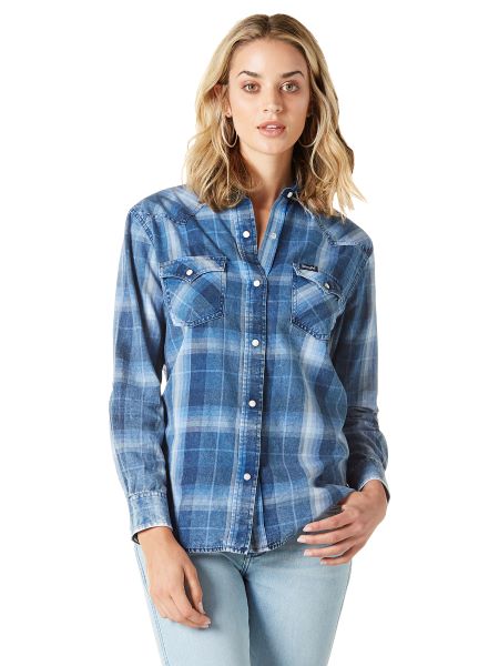 Wrangler Denim Plaid Retro Americana Women's Longsleeve Snap Shirt 112337365